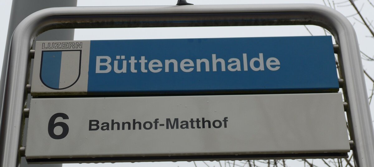 (149'006) - VBL-Haltestellenschild - Luzern, Bttenhalde - am 16. Februar 2014