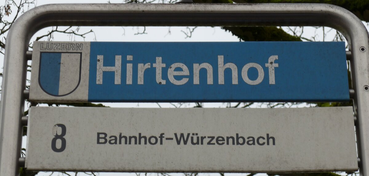 (149'015) - VBL-Haltestellenschild - Luzern, Hirtenhof - am 16. Februar 2014