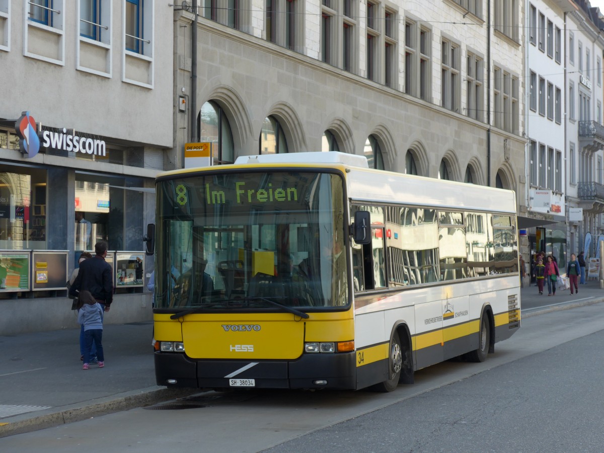(149'406) - VBSH Schaffhausen - Nr. 34/SH 38'034 - Volvo/Hess am 29. Mrz 2014 beim Bahnhof Schaffhausen