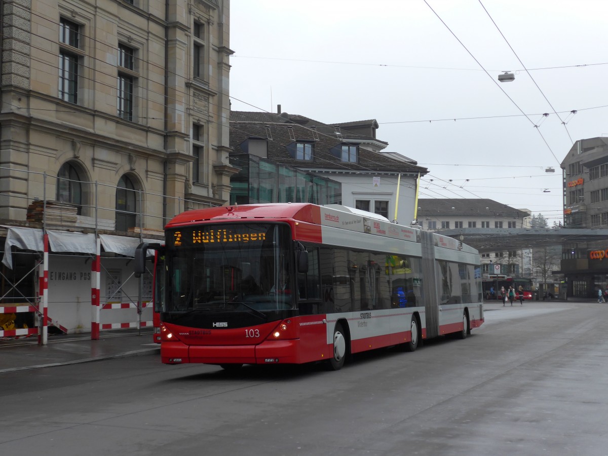 (149'595) - SW Winterthur - Nr. 103 - Hess/Hess Gelenktrolleybus am 6. April 2014 beim Hauptbahnhof Winterthur