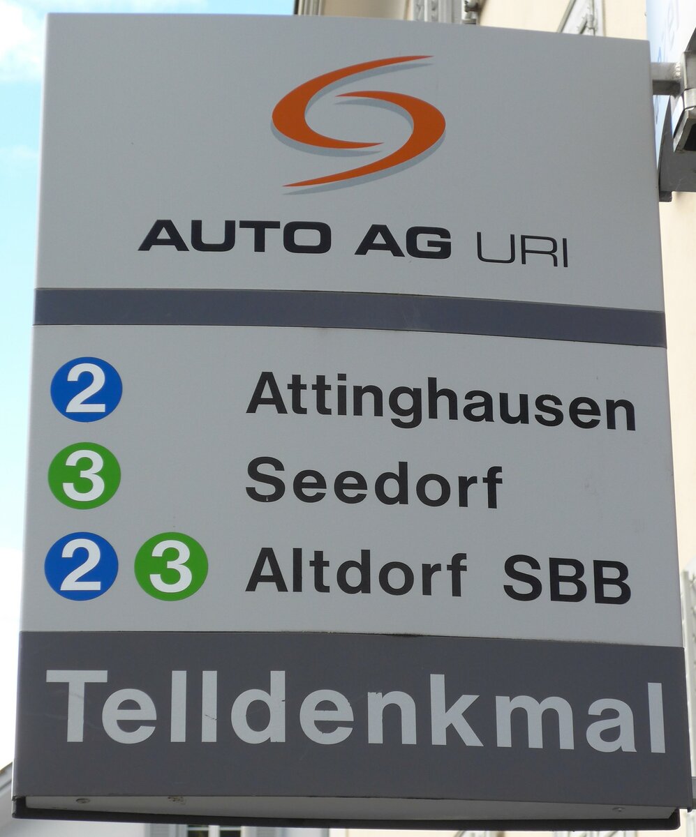 (150'531) - AUTO AG URI-Haltestellenschild - Altdorf, Telldenkmal - am 10. Mai 2014