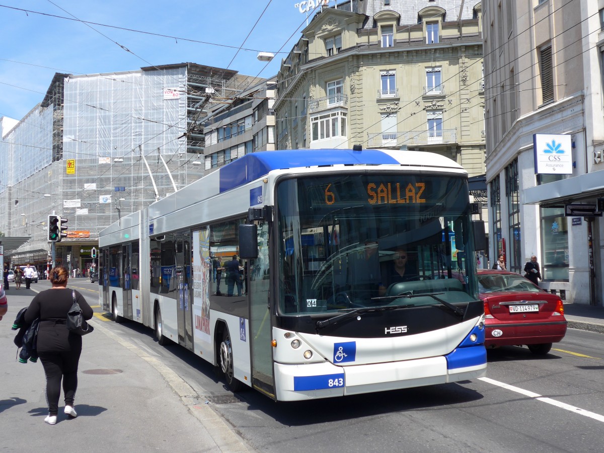 (151'188) - TL Lausanne - Nr. 843 - Hess/Hess Gelenktrolleybus am 1. Juni 2014 in Lausanne, Bel-Air