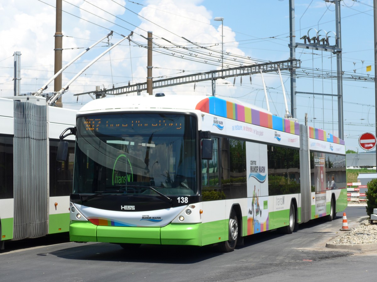 (151'464) - transN, La Chaux-de-Fonds - Nr. 138 - Hess/Hess Gelenktrolleybus (ex TN Neuchtel Nr. 138) am 12. Juni 2014 beim Bahnhof Marin
