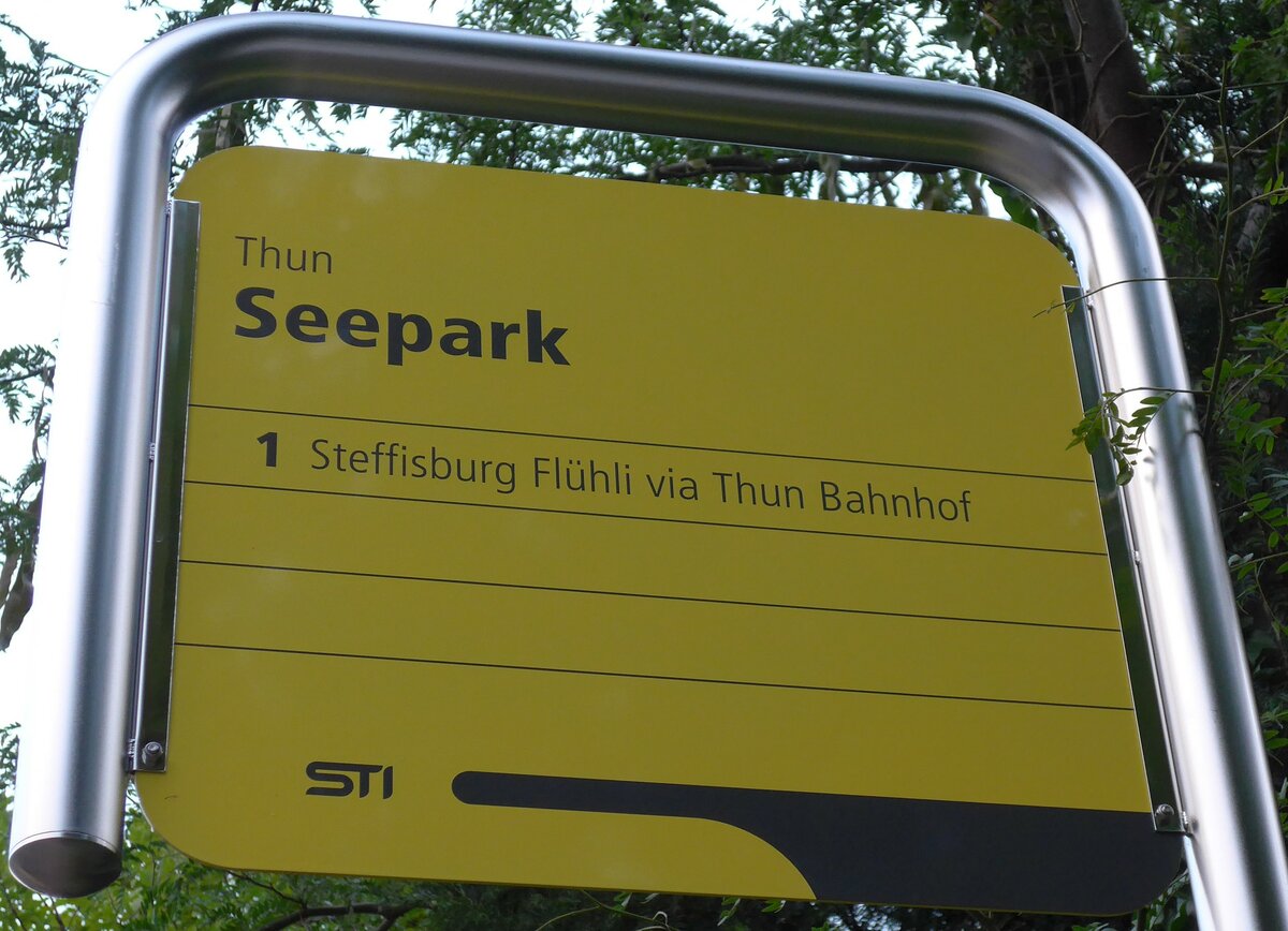 (153'688) - STI-Haltestellenschild - Thun, Seepark - am 6. August 2014