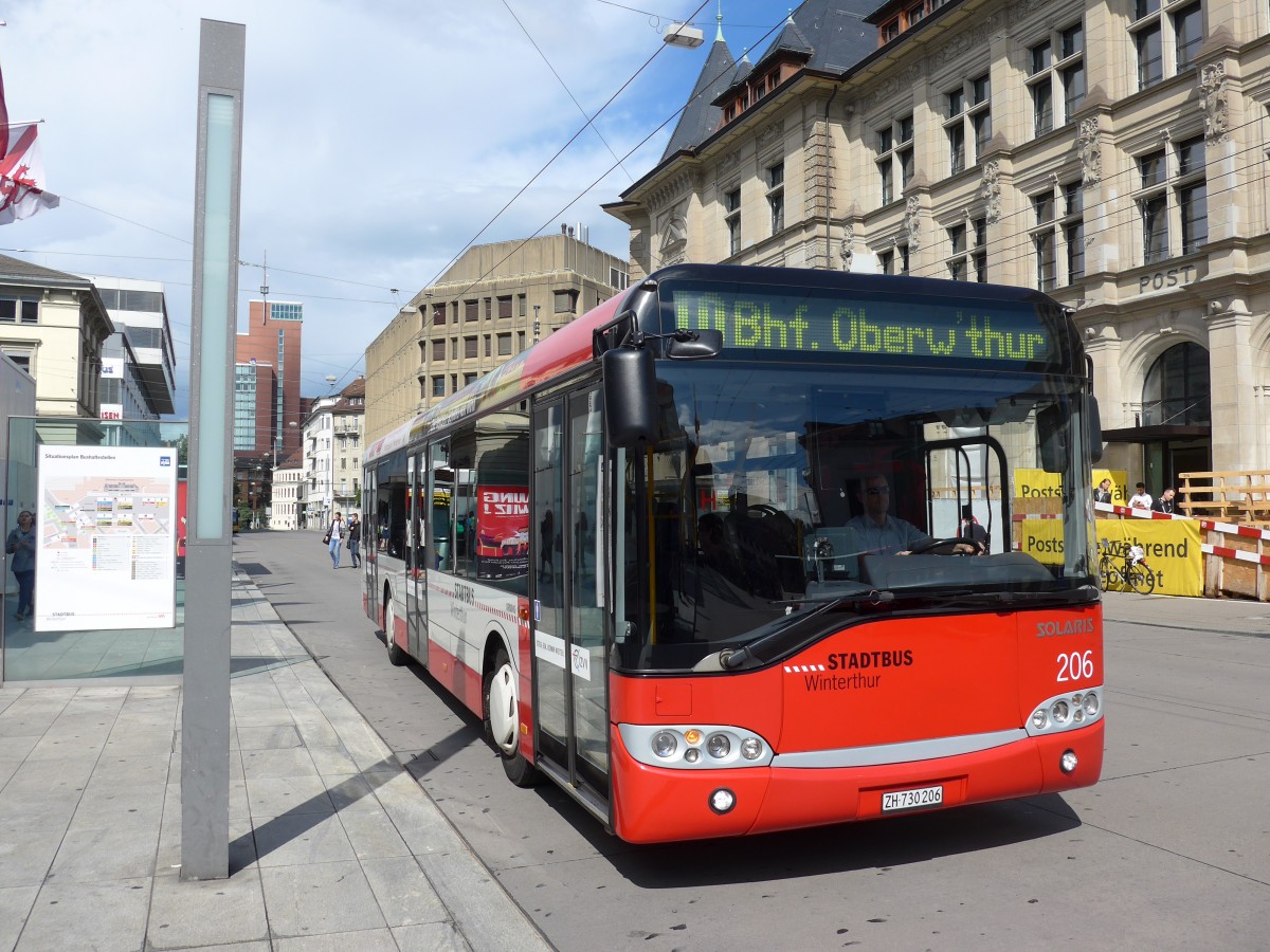 (153'939) - SW Winterthur - Nr. 206/ZH 730'206 - Solaris am 16. August 2014 beim Hauptbahnhof Winterthur