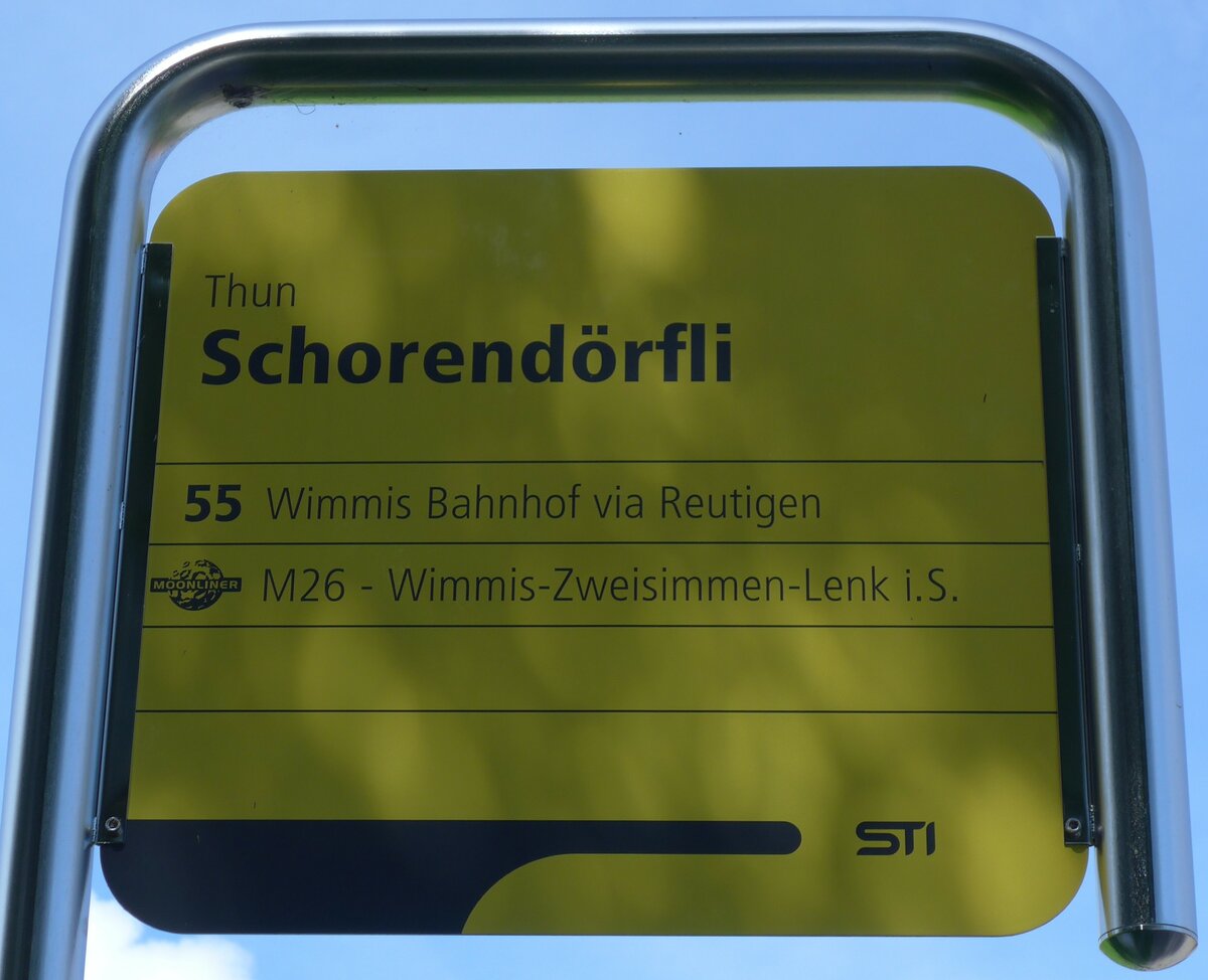 (153'952) - STI-Haltestellenschild - Thun, Schorendrfli - am 17. August 2014