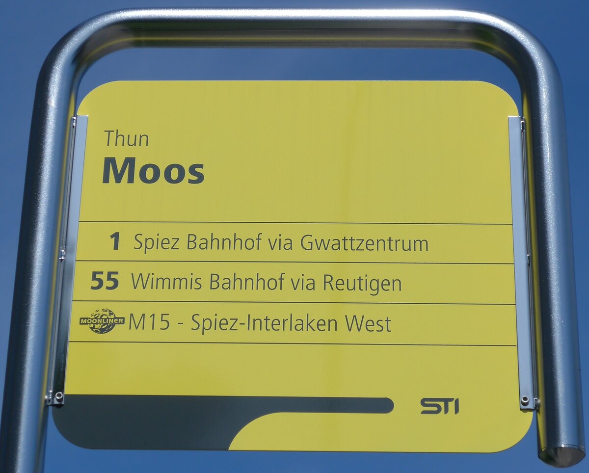 (153'958) - STI-Haltestellenschild - Thun, Moos - am 17. August 2014