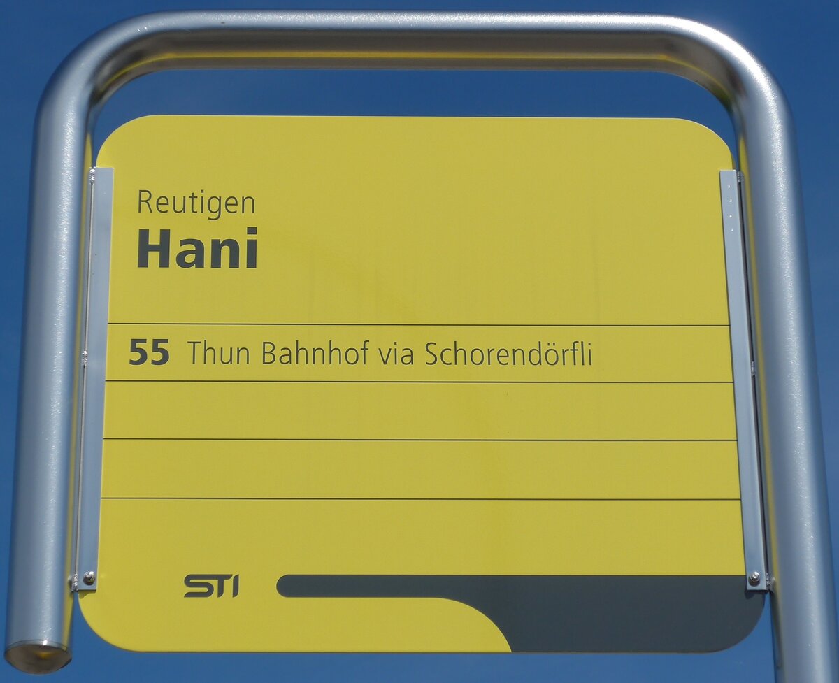 (153'965) - STI-Haltestellenschild - Reutigen, Hani - am 17. August 2014