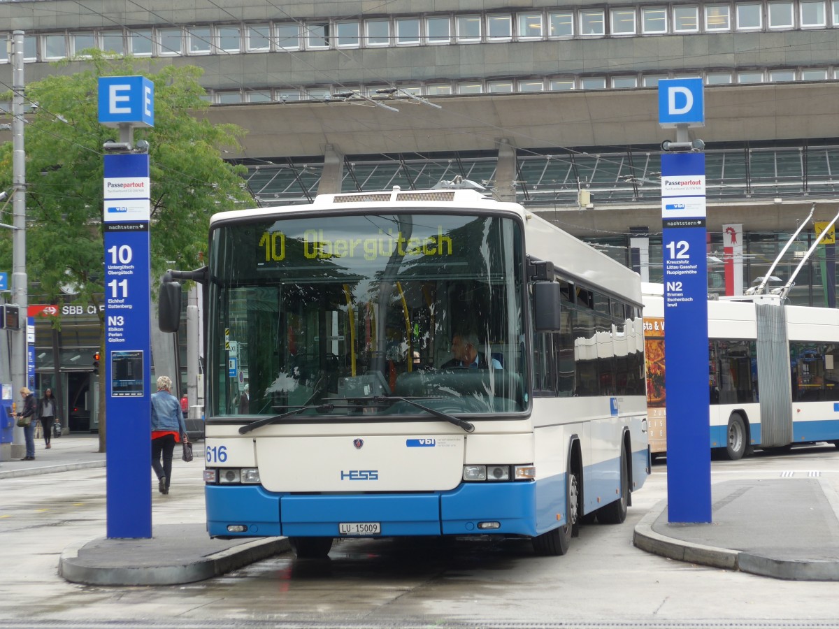 (153'996) - VBL Luzern - Nr. 616/LU 15'009 - Scania/Hess am 19. August 2014 beim Bahnhof Luzern