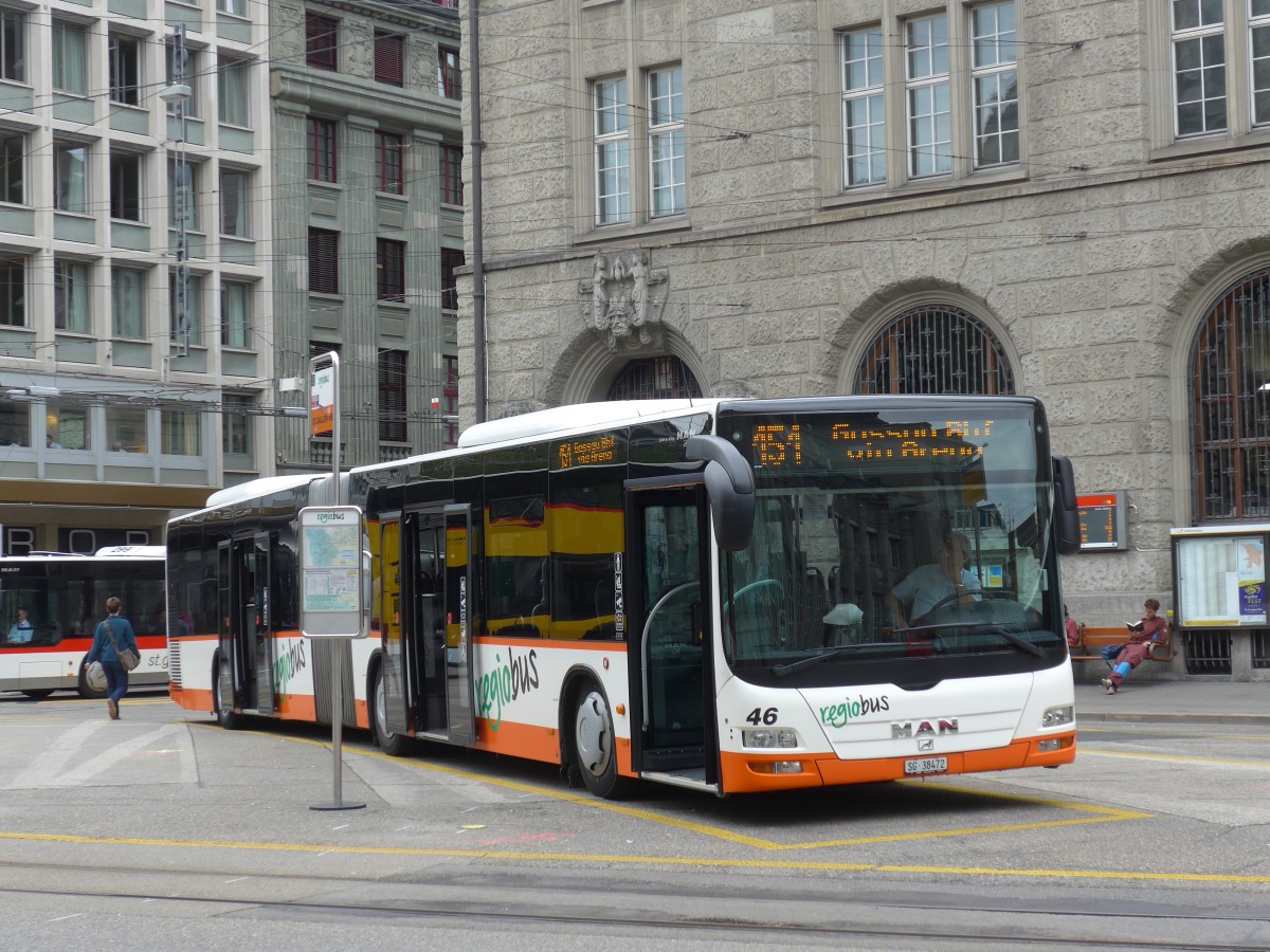 (154'189) - Regiobus, Gossau - Nr. 46/SG 38'472 - MAN am 20. August 2014 beim Bahnhof St. Gallen