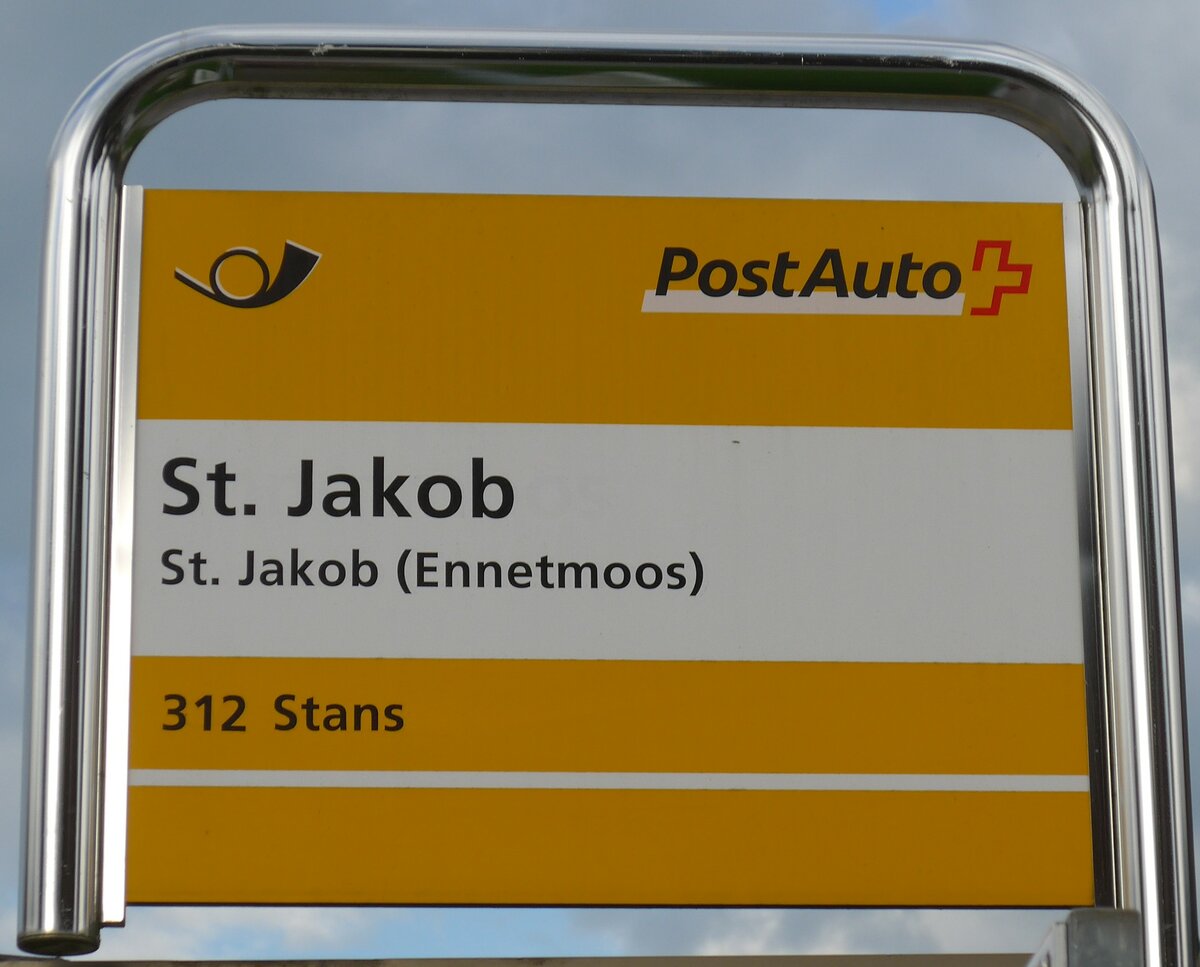 (154'660) - PostAuto-Haltestellenschild - St. Jakob (Ennetmoos), St. Jakob - am 30. August 2014