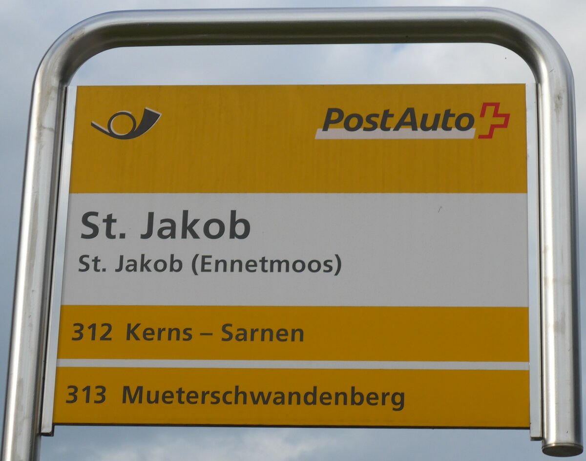(154'661) - PostAuto-Haltestellenschild - St. Jakob (Ennetmoos), St. Jakob - am 30. August 2014