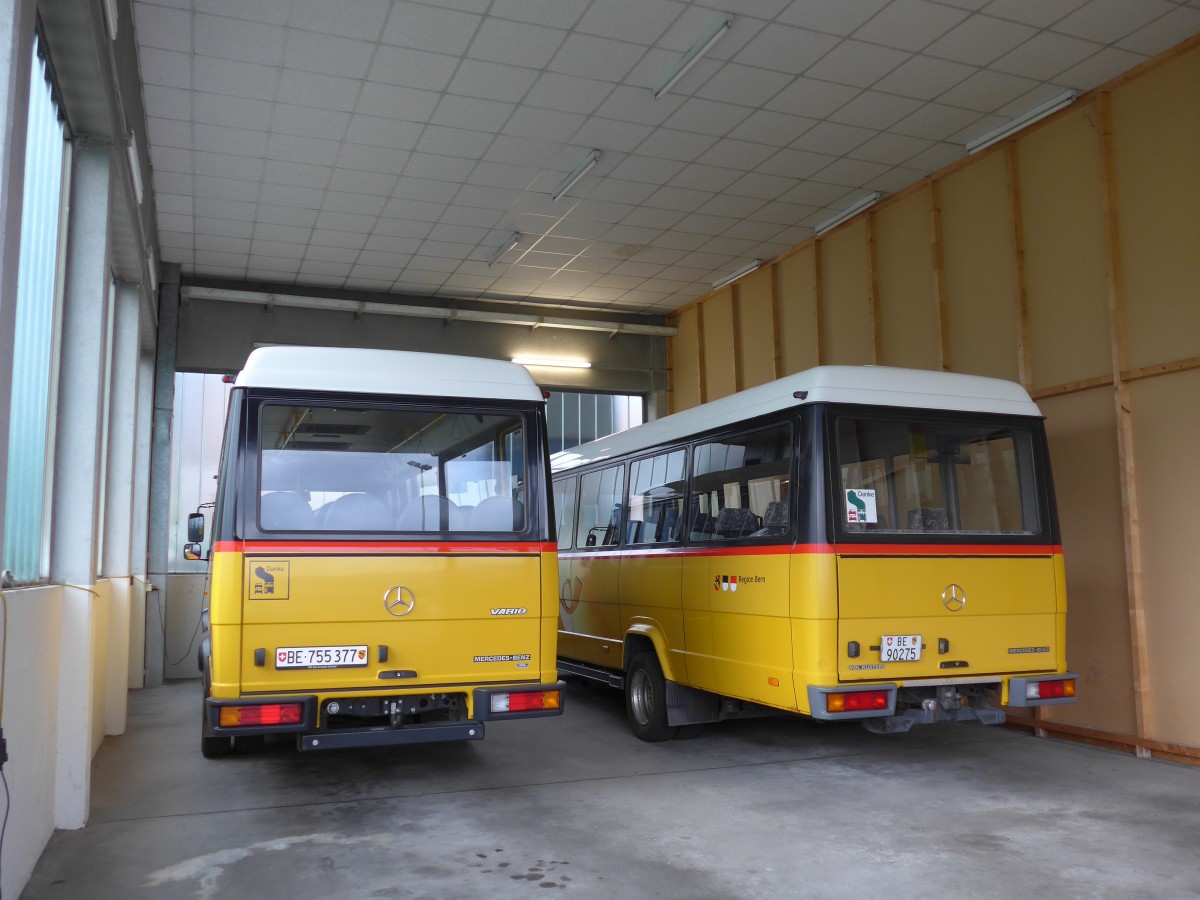 (154'735) - PostAuto Bern - BE 755'377 - Mercedes/Kusters + BE 90'275 - Mercedes/Kusters (ex Portenier, Adelboden Nr. 7) am 31. August 2014 in Aeschi, Garage