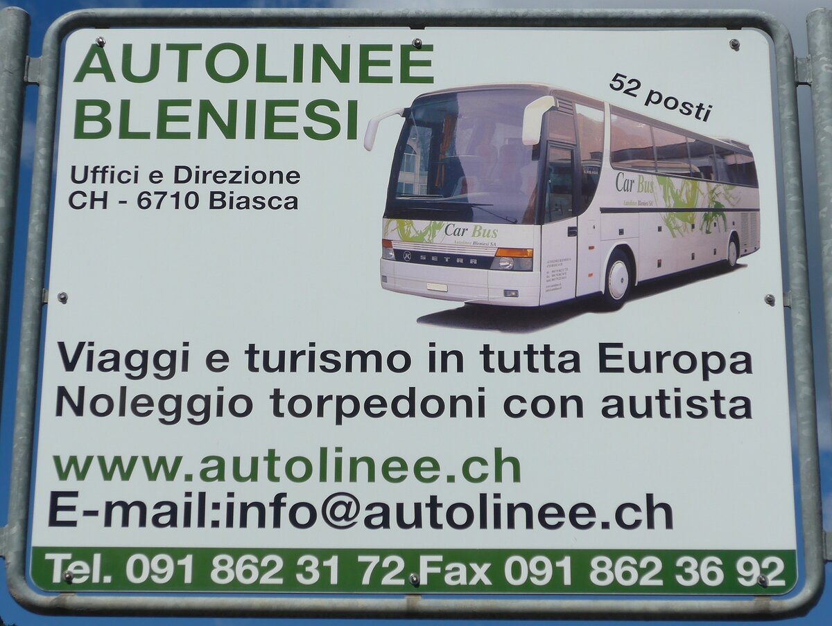 (154'813) - Plakat fr die Autolinee Bleniesi am 1. September 2014 in Biasca, Garage