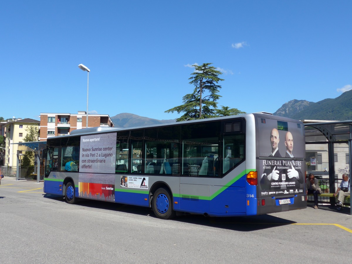 (155'162) - TPL Lugano - Nr. 314/TI 309'391 - Mercedes (ex Nr. 13) am 13. September 2014 beim Bahnhof Lugano