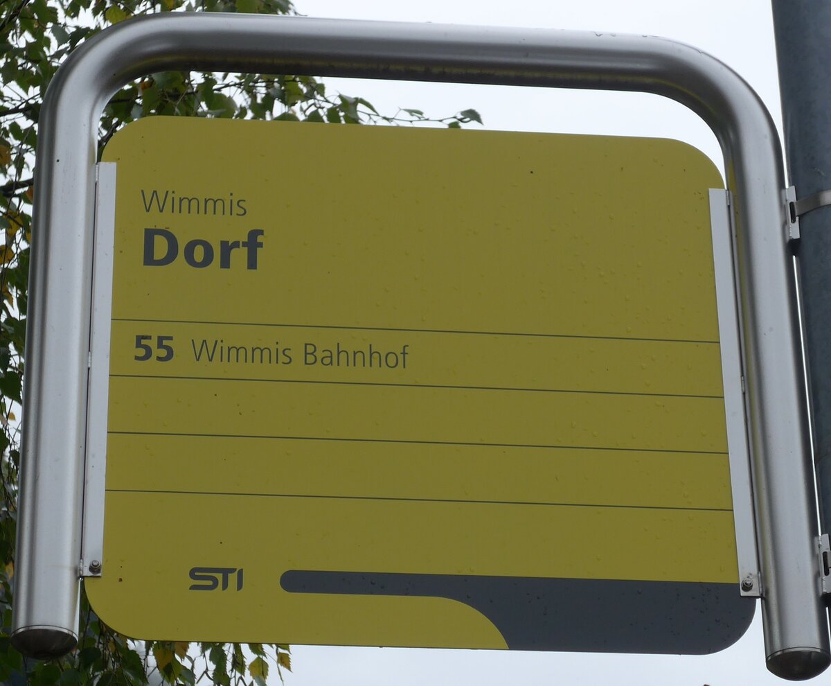 (155'726) - STI-Haltestellenschild - Wimmis, Dorf - am 13. Oktober 2014
