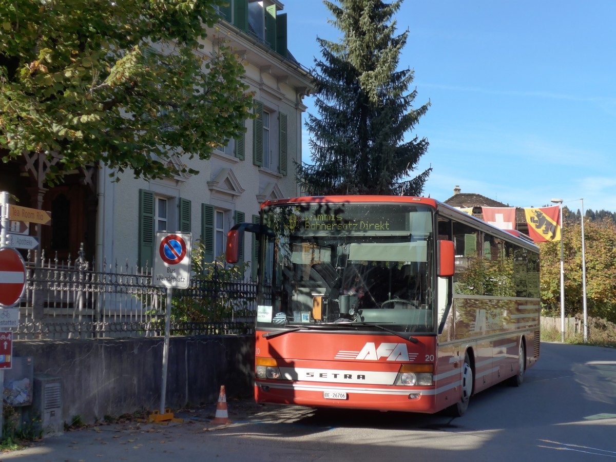 (155'851) - AFA Adelboden - Nr. 20/BE 26'706 - Setra (ex Nr. 6) am 19. Oktober 2014 beim Bahnhof Zweisimmen
