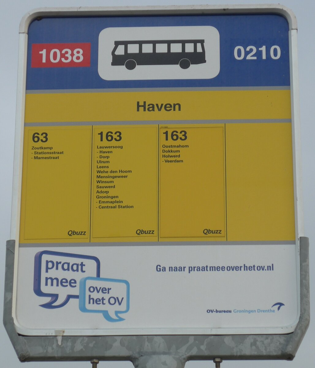(156'852) - Qbuzz-Haltestellenschild - Lauwersoog, Haven - am 19. November 2014