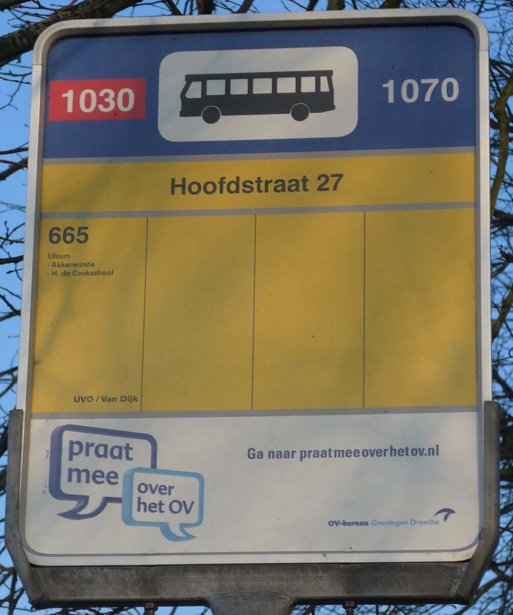 (156'872) - UVO/Van Dijk-Haltestellenschild - Vierhuizen, Hoofdstraat 27 - am 19. November 2014
