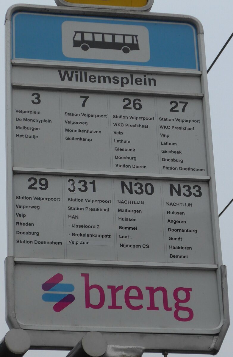(157'016) - breng-Haltestellenschild - Arnhem, Willemsplein - am 20. November 2014