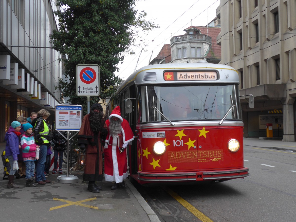 (157'648) - VW Winterthur - Nr. 101 - FBW/SWS Gelenktrolleybus am 6. Dezember 2014 in Winterthur, Bankstrasse