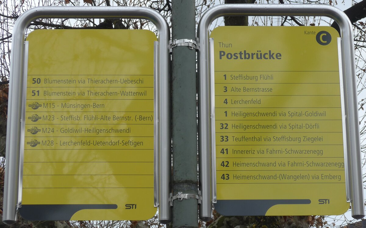 (157'717) - STI-Haltestellenschilder - Thun, Postbrcke - am 8. Dezember 2014