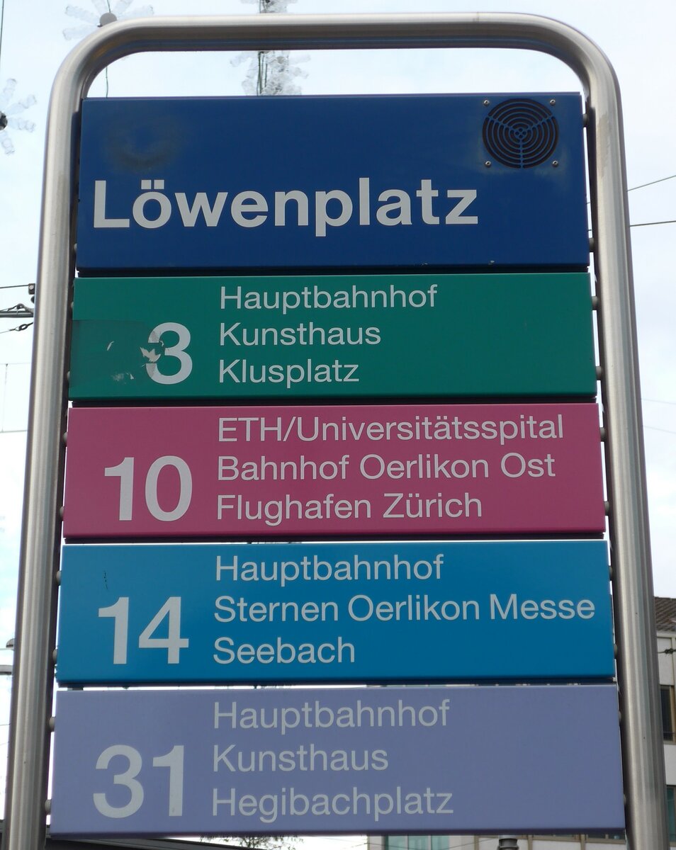 (157'740) - ZVV-Haltestellenschild - Zrich, Lwenplatz - am 14. Dezember 2014