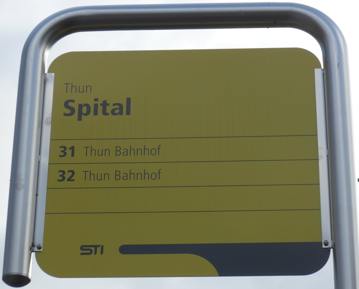 (157'819) - STI-Haltestellenschild - Thun, Spital - am 15. Dezember 2014