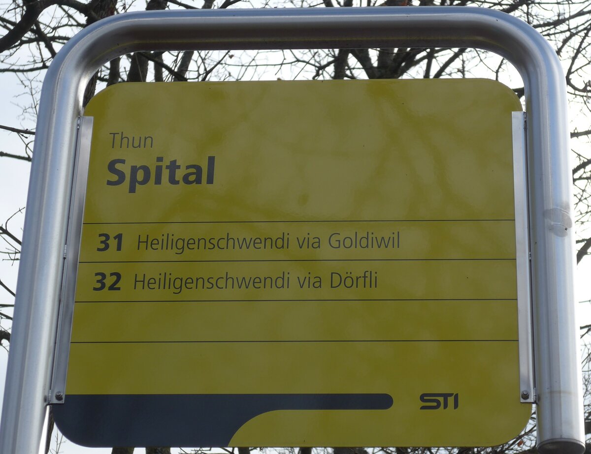 (157'820) - STI-Haltestellenschild - Thun, Spital - am 15. Dezember 2014