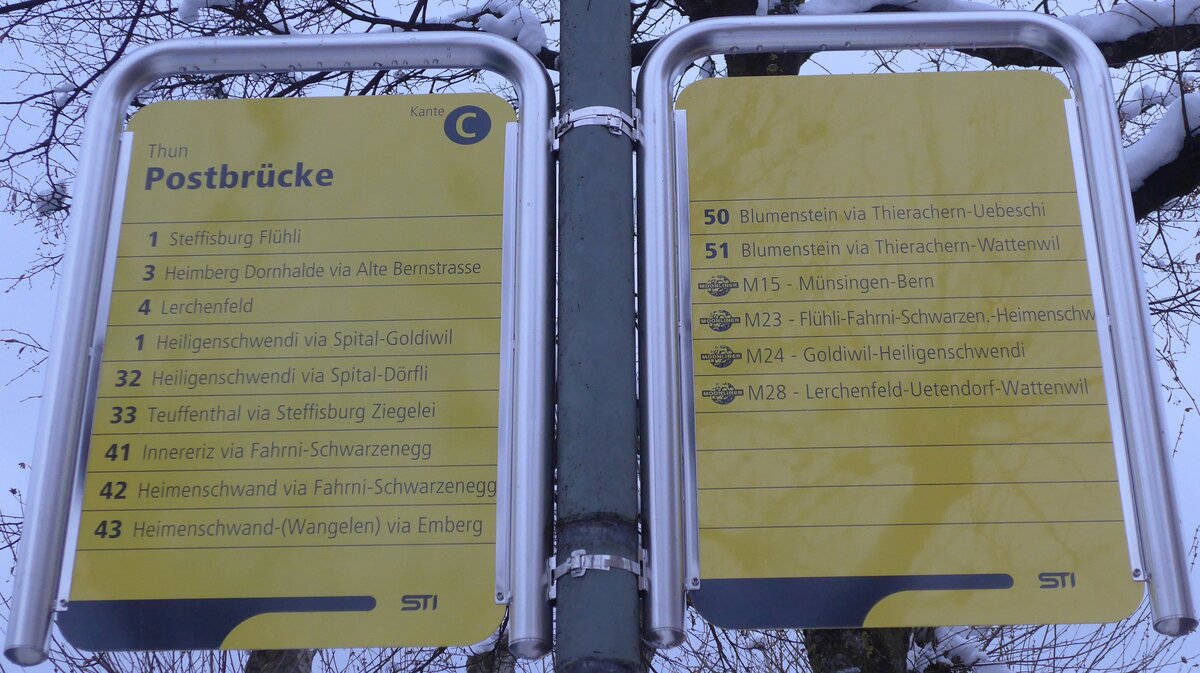 (158'043) - STI-Haltestellenschilder - Thun, Postbrcke - am 31. Dezember 2014