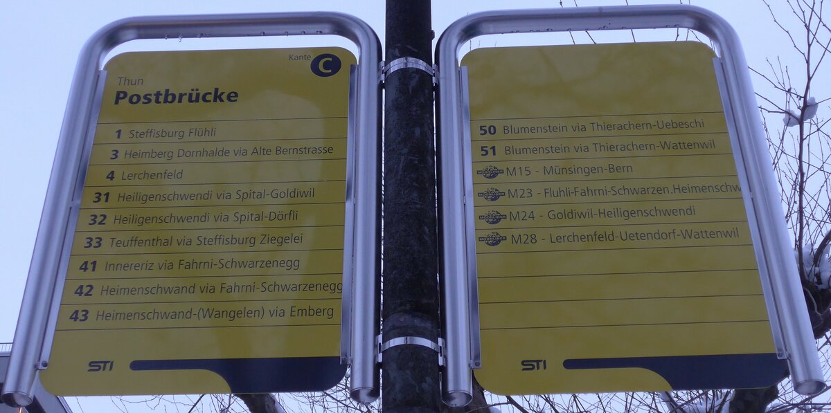 (158'044) - STI-Haltestellenschilder - Thun, Postbrcke - am 31. Dezember 2014