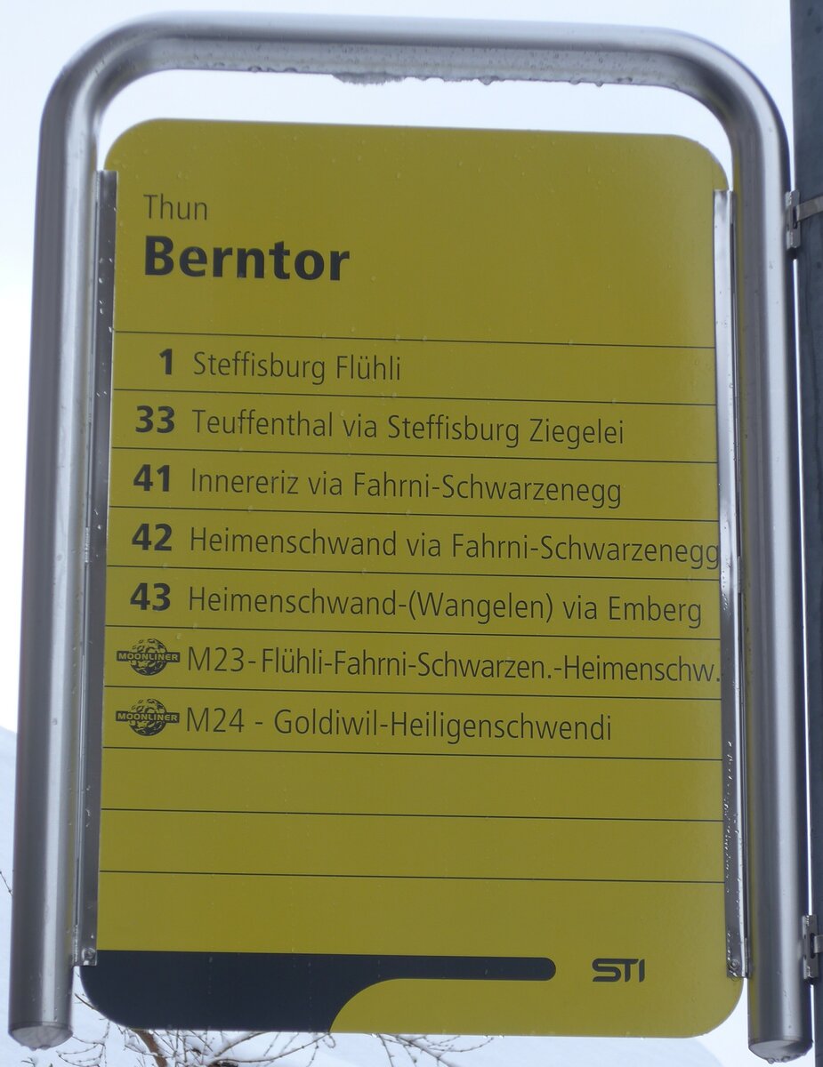 (158'569) - STI-Haltestellenschild - Thun, Berntor - am 2. Februar 2015
