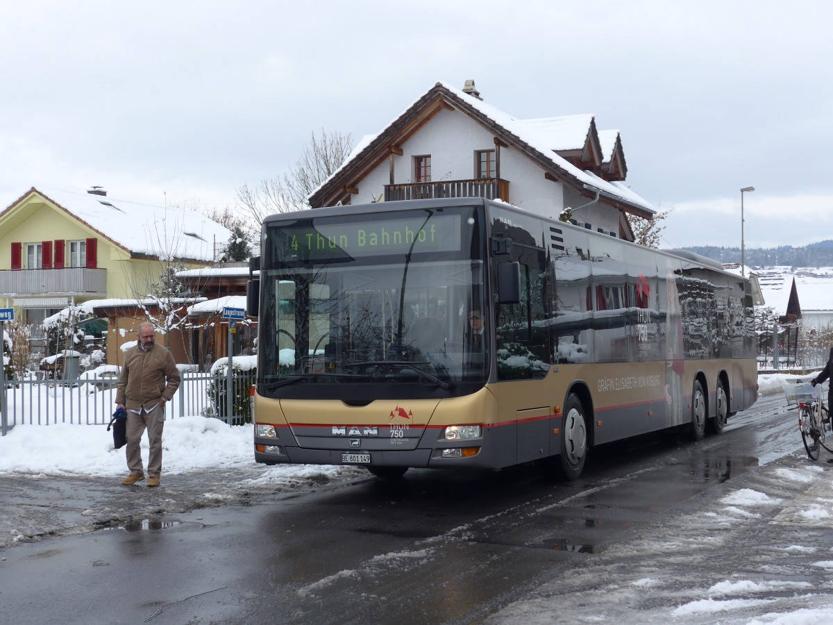 (158'575) - STI Thun - Nr. 149/BE 801'149 - MAN am 2. Februar 2015 in Thun-Lerchenfeld, Forstweg