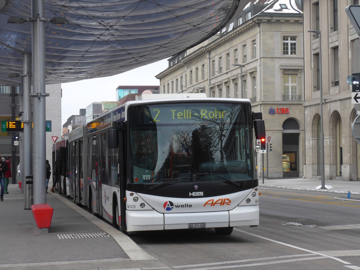 (158'593) - AAR bus+bahn, Aarau - Nr. 169/AG 374'169 - Scania/Hess am 4. Februar 2015 beim Bahnhof Aarau
