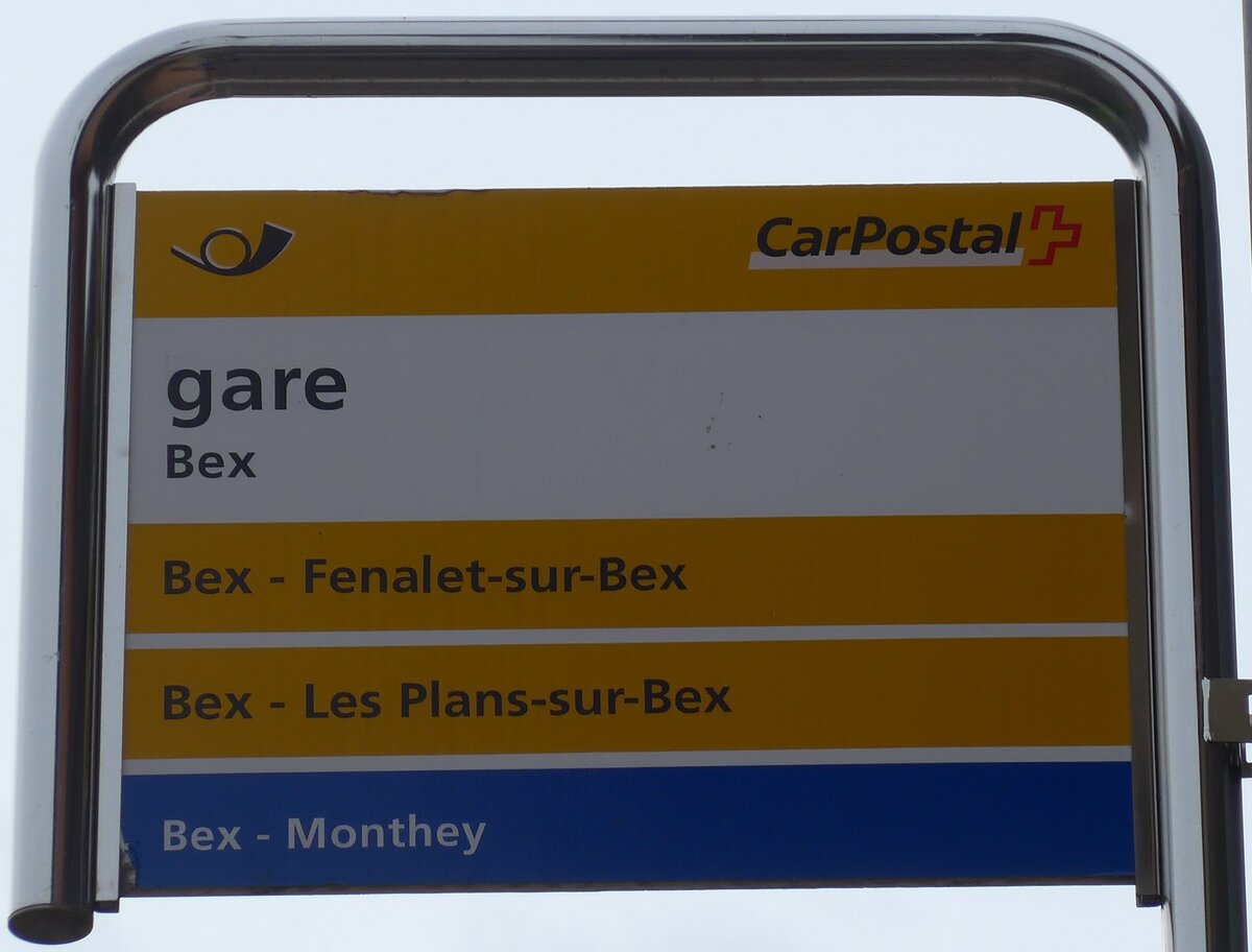 (158'755) - PostAuto/Bus urbain-Haltestellenschild - Bex, gare - am 15. Februar 2015