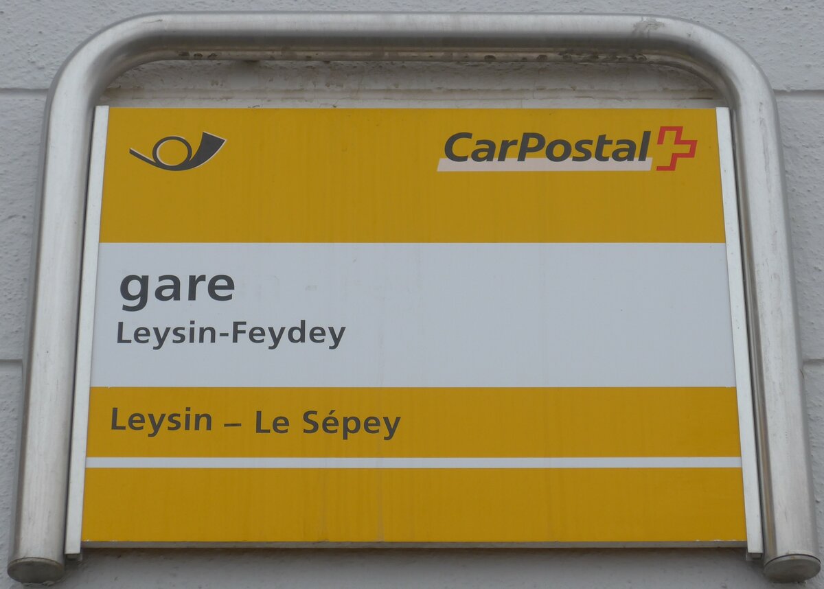 (158'906) - PostAuto-Haltestellenschild - Leysin-Feydey, gare - am 28. Februar 2015