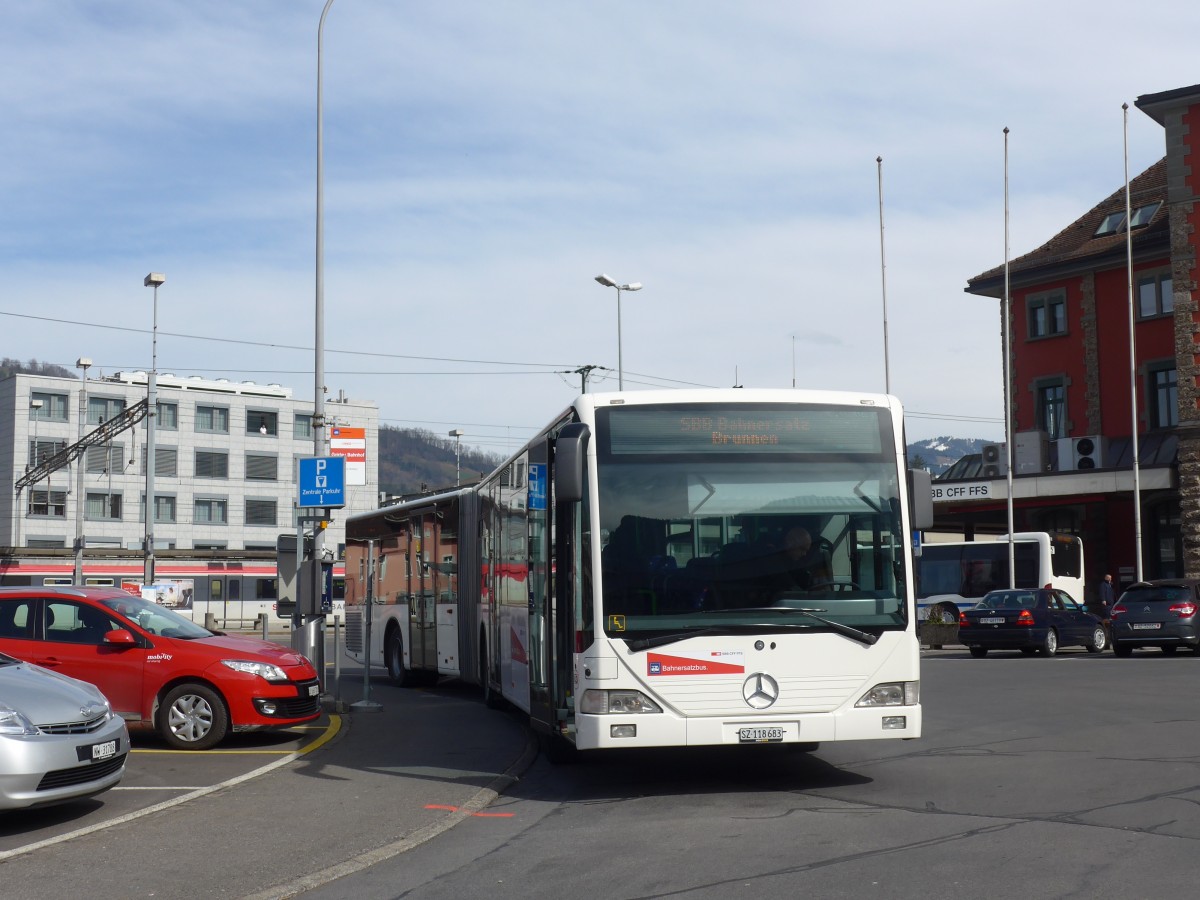 (159'273) - AAGS Schwyz - Nr. 83/SZ 118'683 - Mercedes (ex VR La Chaux-de-Fonds Nr. 227) am 17. Mrz 2015 beim Bahnhof Arth-Goldau