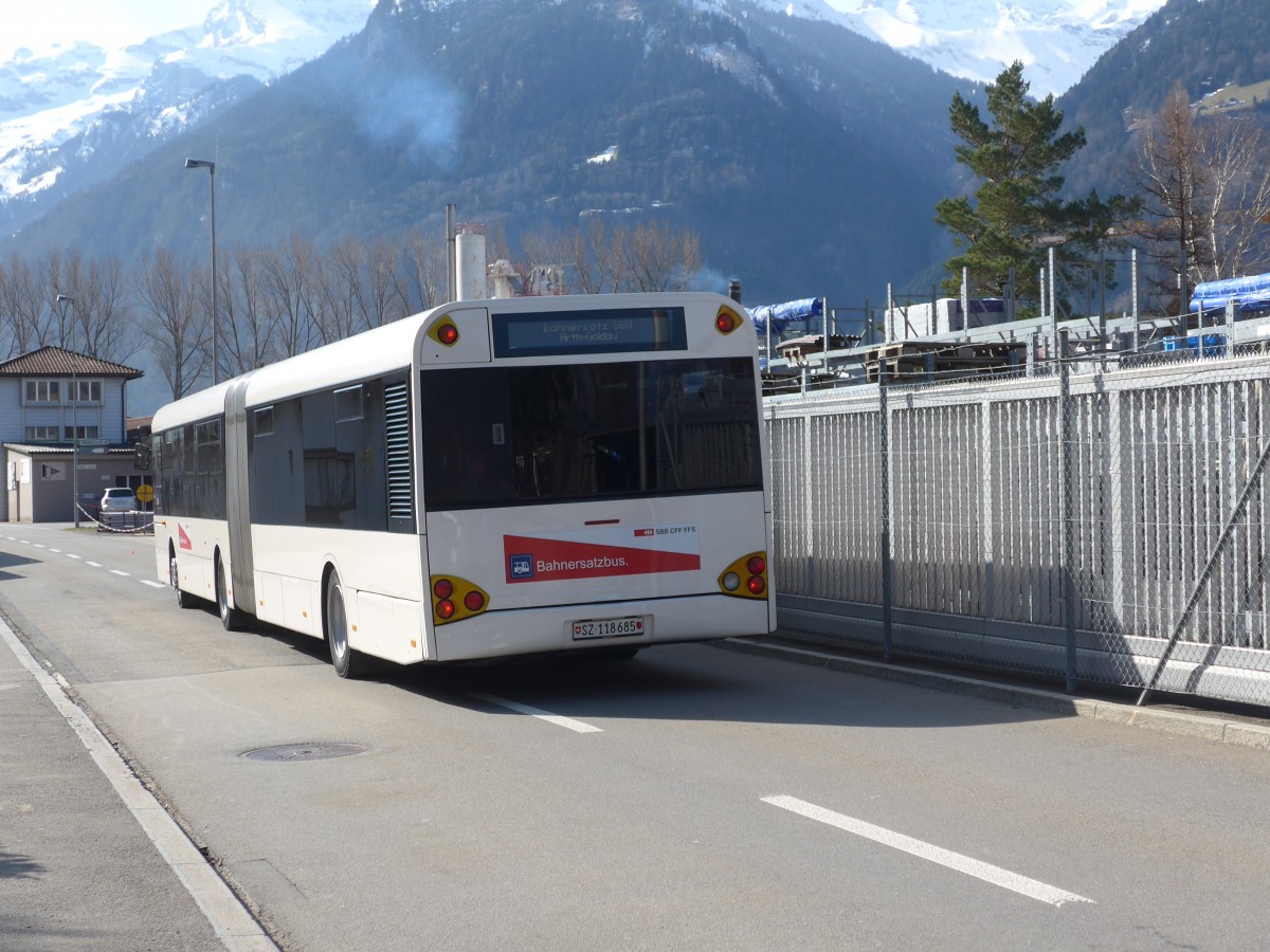 (159'301) - AAGS Schwyz - Nr. 85/SZ 118'685 - Solaris (ex VR La Chaux-de-Fonds Nr. 261) am 18. Mrz 2015 beim Bahnhof Flelen
