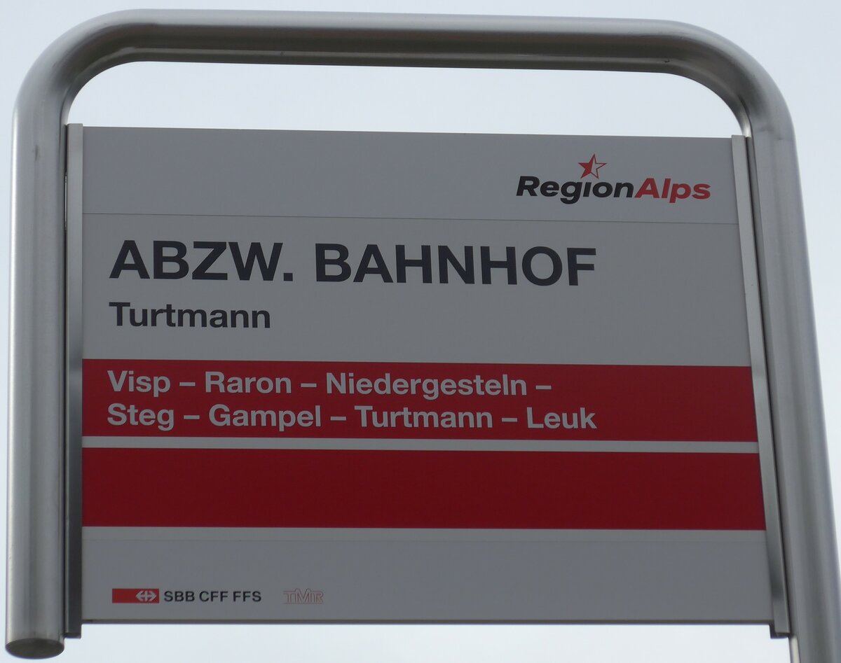 (159'579) - RegionAlps/SBB CFF FFS/TMR-Haltestellenschild - Turtmann, Abzw. Bahnhof - am 2. April 2015