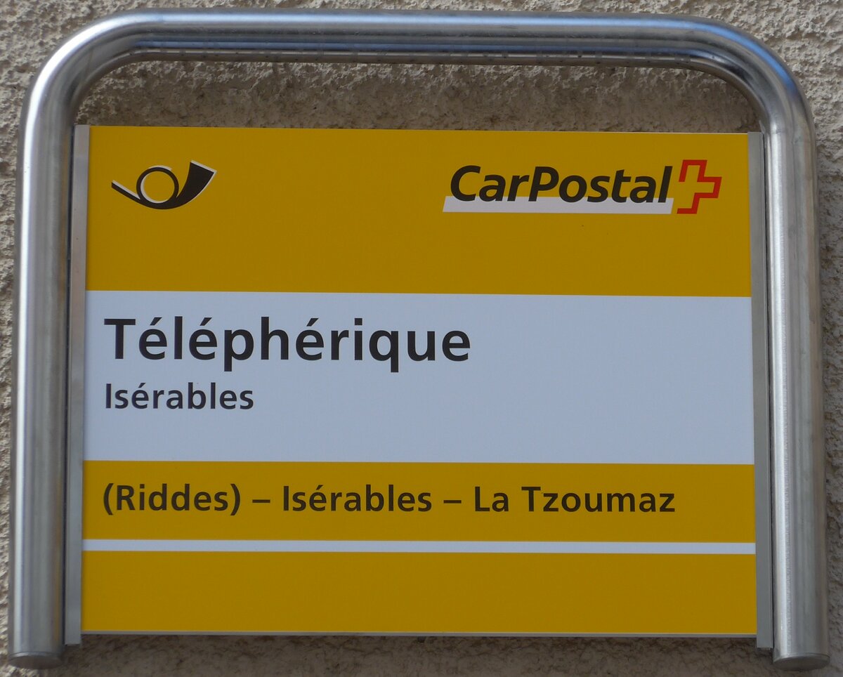 (159'654) - PostAuto-Haltestellenschild - Isrables, Tlphrique - am 5. April 2015