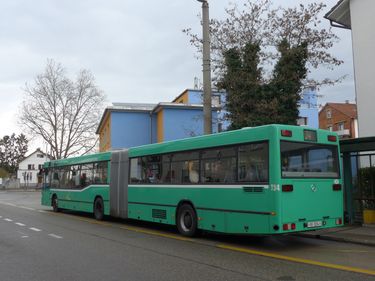 (159'778) - BVB Basel - Nr. 734/BS 3234 - Mercedes (ex VAG Freiburg/D Nr. 933) am 11. April 2015 in Riehen, Habermatten