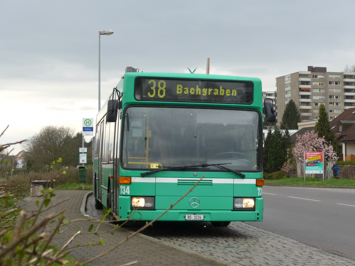 (159'805) - Aus der Schweiz: BVB Basel - Nr. 734/BS 3234 - Mercedes (ex VAG Freiburg/D Nr. 933) am 11. April 2015 in Grenzach-Wyhlen, Siedlung