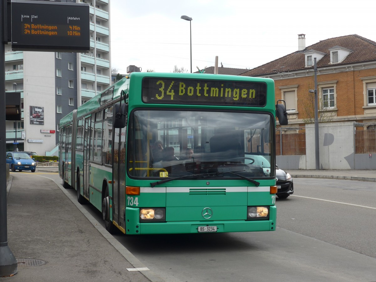 (159'834) - BVB Basel - Nr. 734/BS 3234 - Mercedes (ex VAG Freiburg/D Nr. 933) am 11. April 2015 in Binningen, Kronenplatz