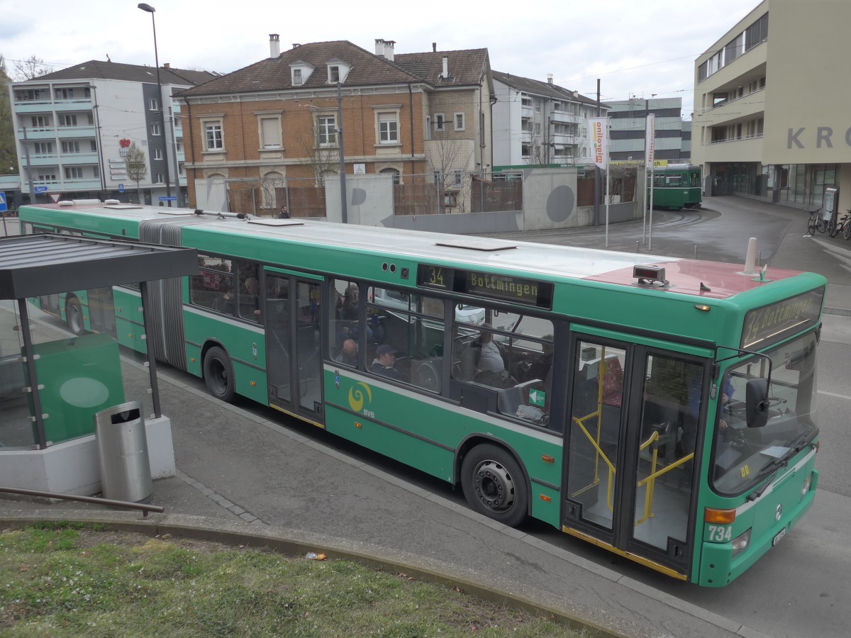 (159'840) - BVB Basel - Nr. 734/BS 3234 - Mercedes (ex VAG Freiburg/D Nr. 933) am 11. April 2015 in Binningen, Kronenplatz