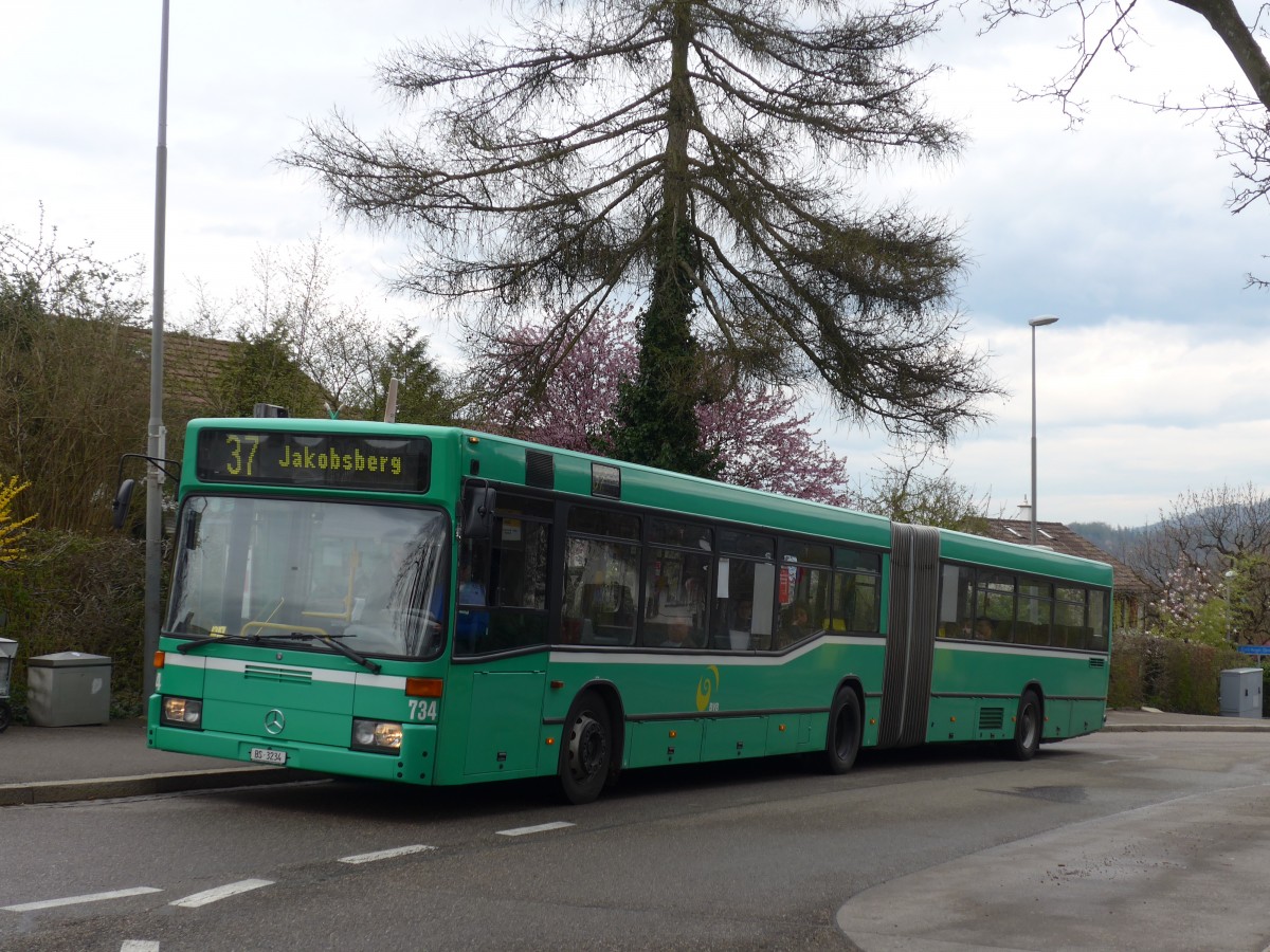 (159'845) - BVB Basel - Nr. 734/BS 3234 - Mercedes (ex VAG Freiburg/D Nr. 933) am 11. April 2015 in Gempen, Gempenfluh