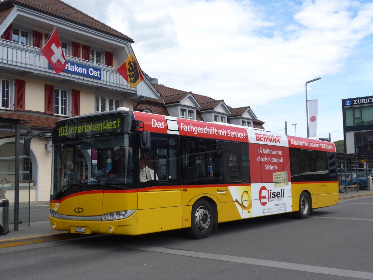 (160'049) - PostAuto Bern - BE 610'540 - Solaris am 26. April 2015 beim Bahnhof Interlaken Ost