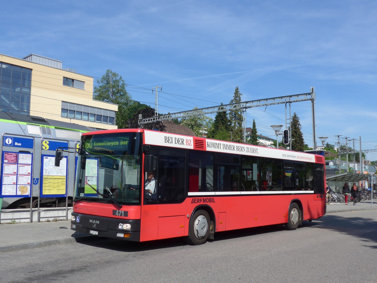 (161'247) - Bernmobil, Bern - Nr. 471/BE 427'471 - MAN/Gppel (ex Peyer, Niederwangen Nr. 71) am 28. Mai 2015 beim Bahnhof Belp