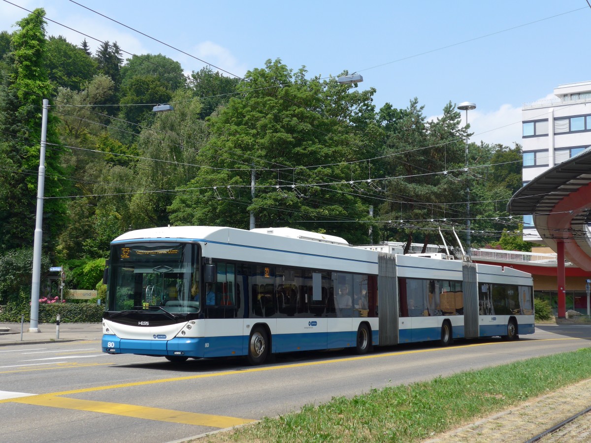 (162'953) - VBZ Zrich - Nr. 80 - Hess/Hess Doppelgelenktrolleybus am 6. Juli 2015 in Zrich, Bucheggplatz