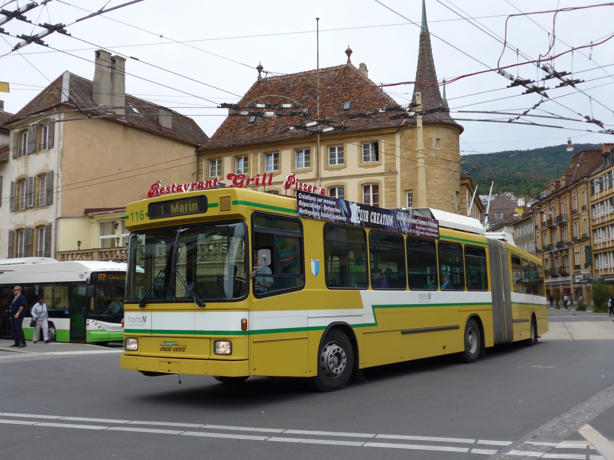 (164'792) - transN, La Chaux-de-Fonds - Nr. 116 - NAW/Hess Gelenktrolleybus (ex TN Neuchtel Nr. 116) am 15. September 2015 in Neuchtel, Place Pury