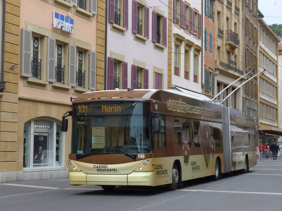 (164'804) - transN, La Chaux-de-Fonds - Nr. 148 - Hess/Hess Gelenktrolleybus (ex TN Neuchtel Nr. 148) in 15. September 2015 in Neuchtel, Place Pury